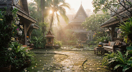 Sunlit Thai temple garden